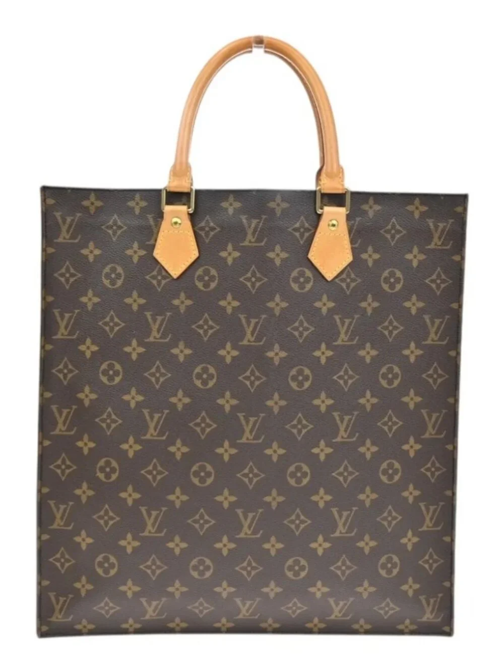 LOUIS VUITTON Logo Sac Plat Hand Tote Bag Monogram Leather Brown